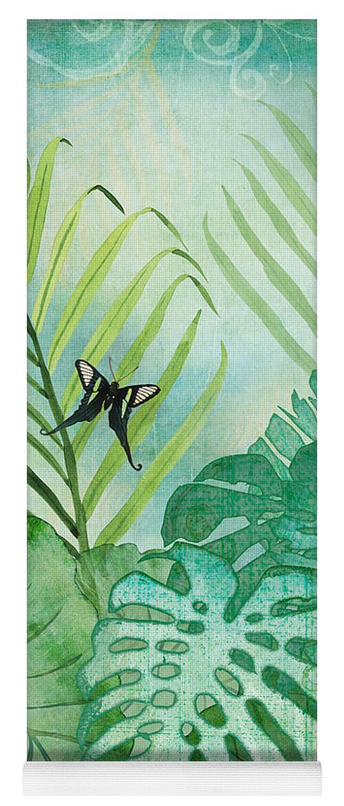 Jungle Yoga Mat featuring the painting Rainforest Tropical - Philodendron Elephant Ear and Palm Leaves w Botanical Butterfly by Audrey Jeanne Roberts