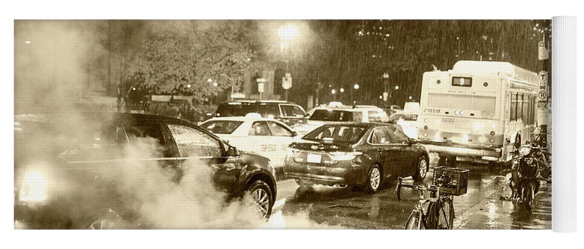 Boston Yoga Mat featuring the photograph Rainy Night in Boston MA Steamy Street Sepia by Toby McGuire