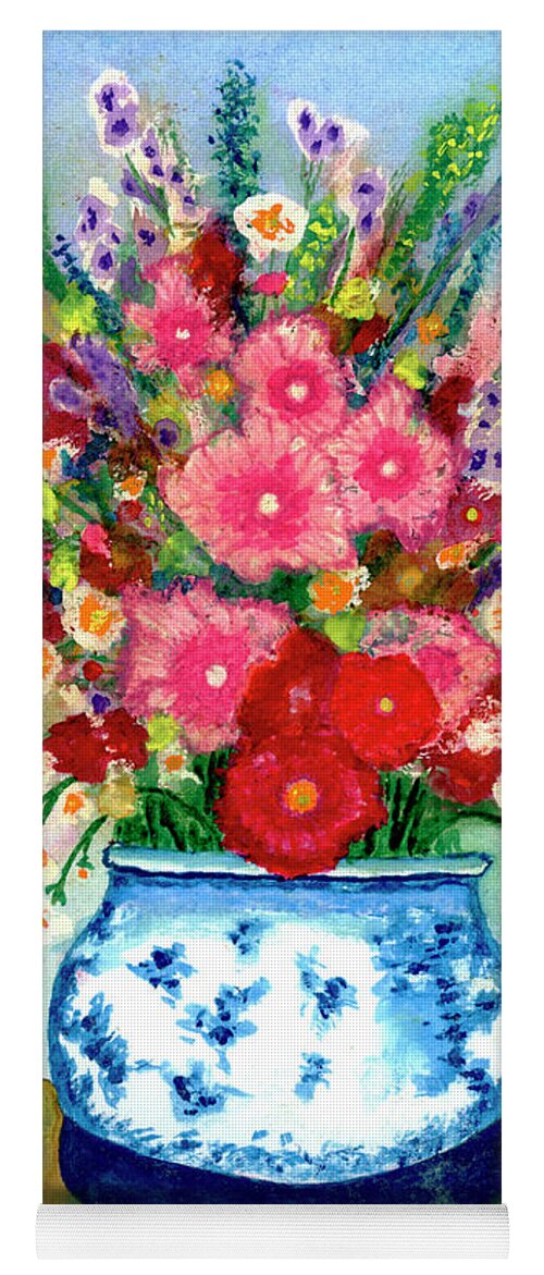 Red Yoga Mat featuring the painting Red and Pink Rose Flower Garden Still Life Painting 615 by Ricardos Creations