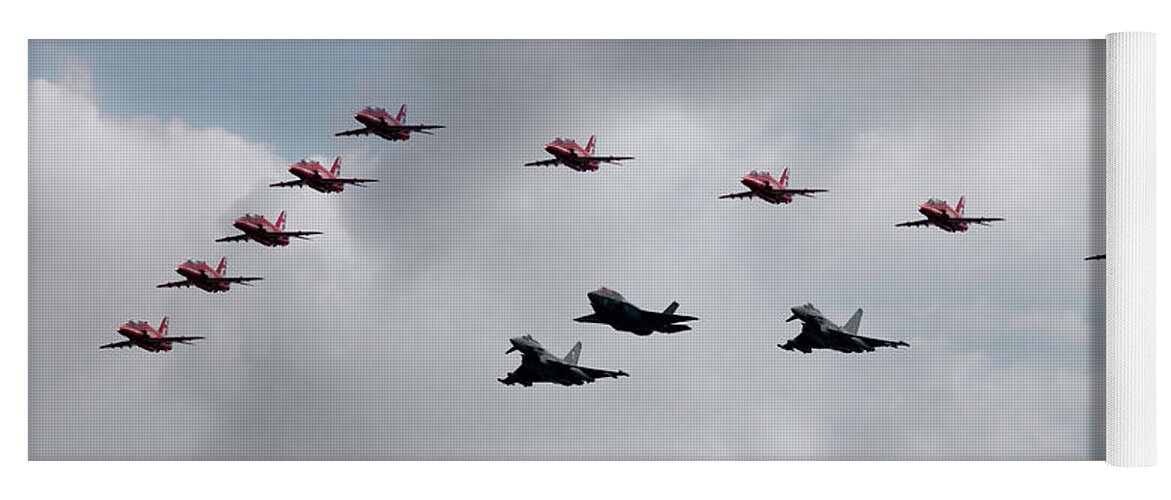 Red Arrows With F35 And Typhoons Yoga Mat featuring the digital art Red Arrows F35 and Typhoons by Airpower Art