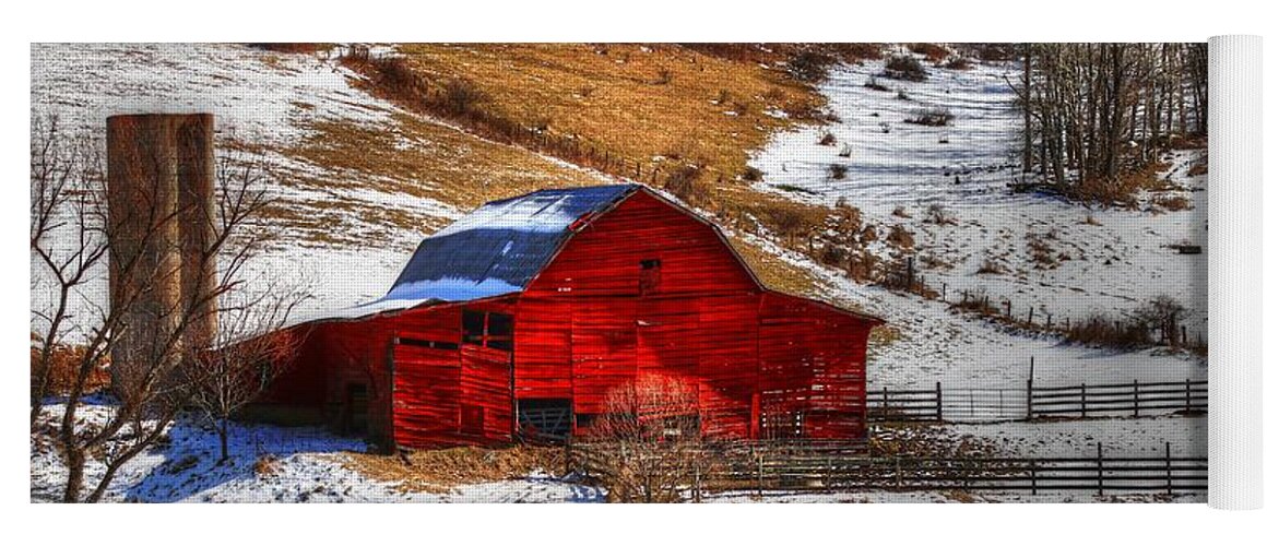Red Barns Yoga Mat featuring the photograph Red Barn In Snow III by Carol Montoya