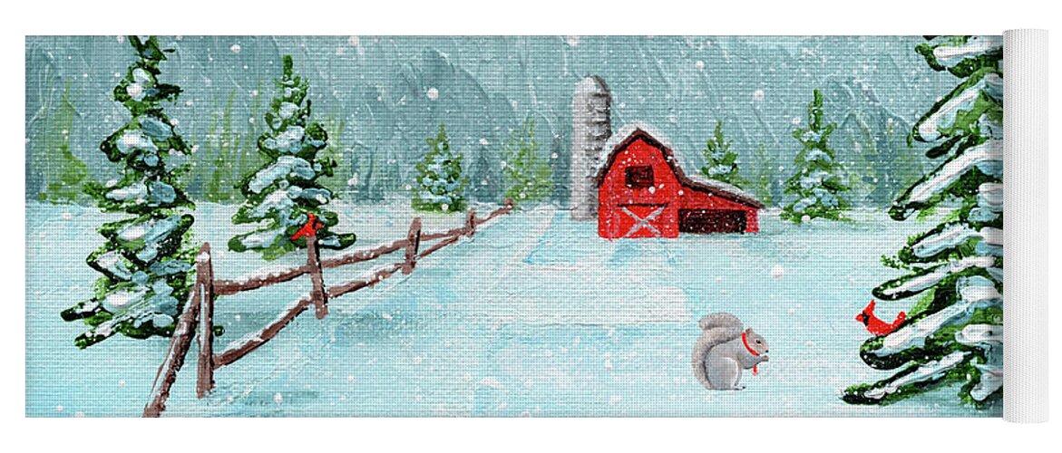 Red Barn Yoga Mat featuring the painting Red Barn in the Snow by Annie Troe