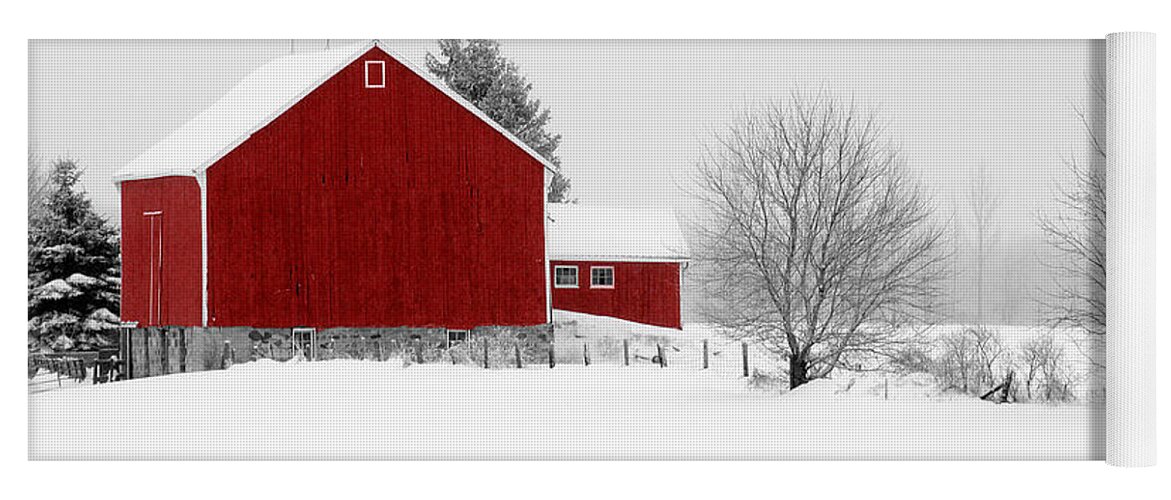 Winter Landscape Yoga Mat featuring the photograph Red Barn Winter Landscape by Cathy Beharriell