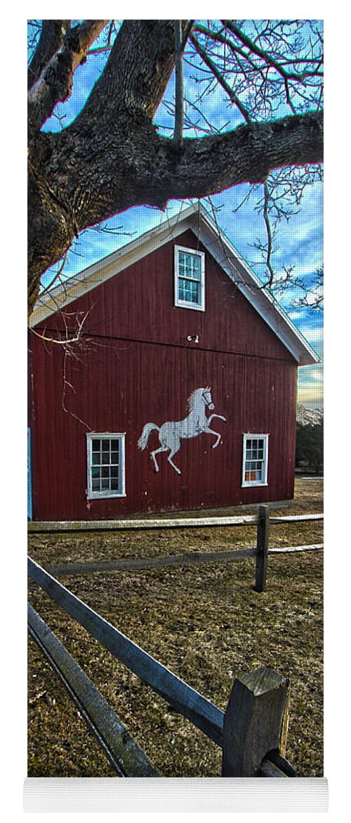 Red Barn Yoga Mat featuring the photograph Red Barn with White Horse by Robert Seifert