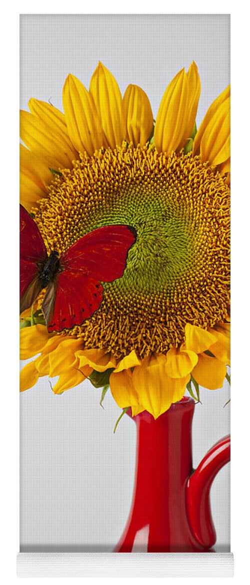Red Butterfly Sunflower Red Pitcher Yoga Mat featuring the photograph Red butterfly on sunflower on red pitcher by Garry Gay