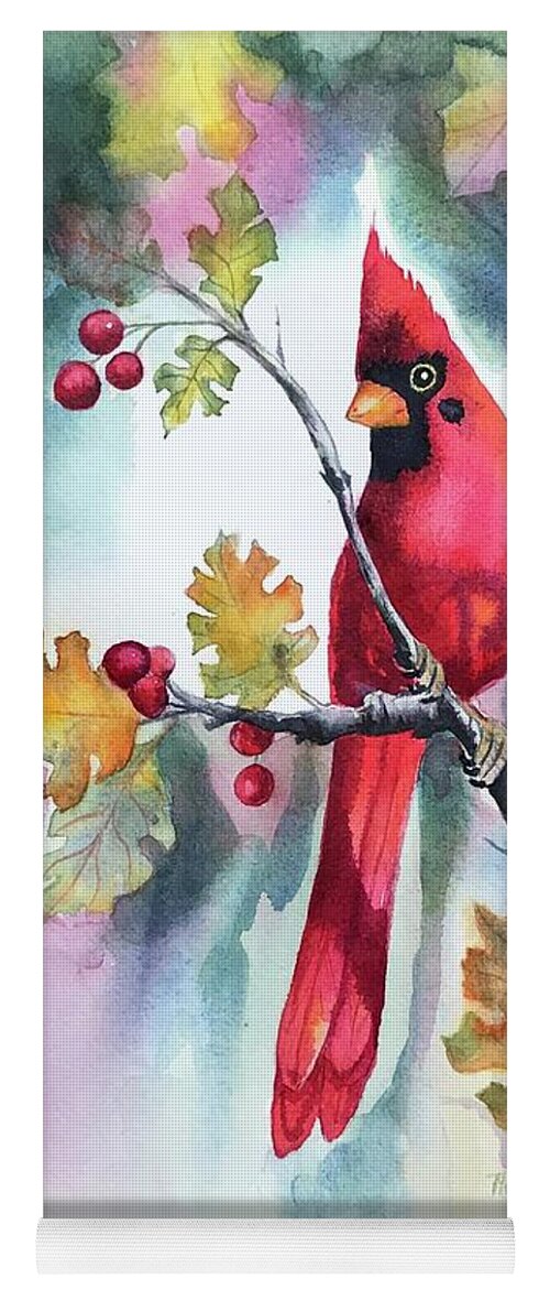 Red Cardinal Yoga Mat featuring the painting Red Cardinal with Berries by Hilda Vandergriff
