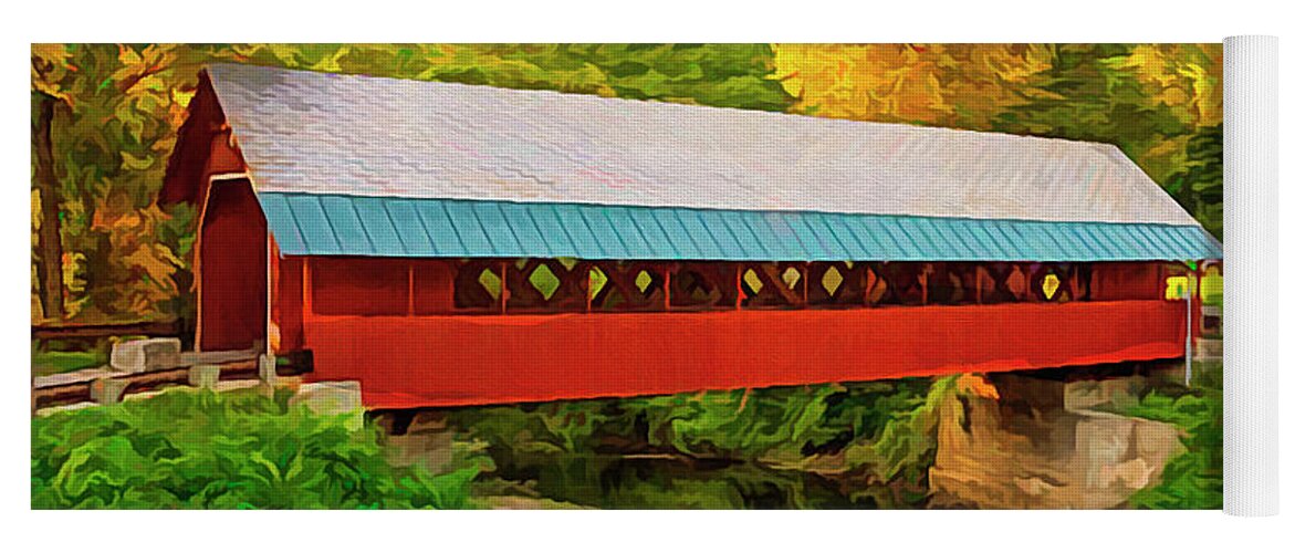 Covered Bridge Yoga Mat featuring the digital art Red Covered Bridge by Walter Colvin