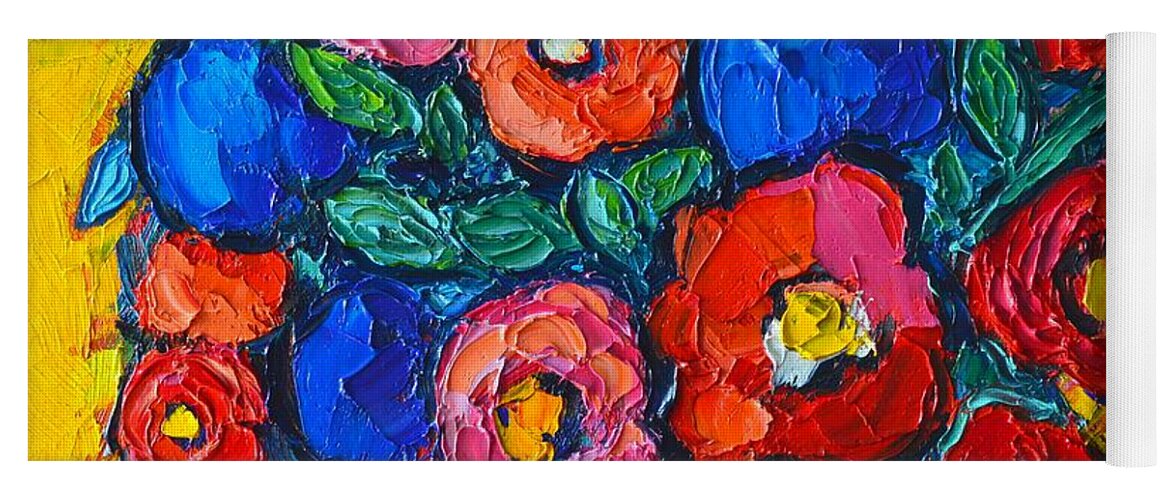 Poppies Yoga Mat featuring the painting Red Poppies And Blue Flowers - Abstract Floral by Ana Maria Edulescu