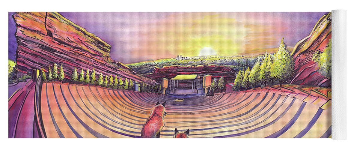 Red Rocks Yoga Mat featuring the painting Foxes at Red Rocks Sunrise by David Sockrider