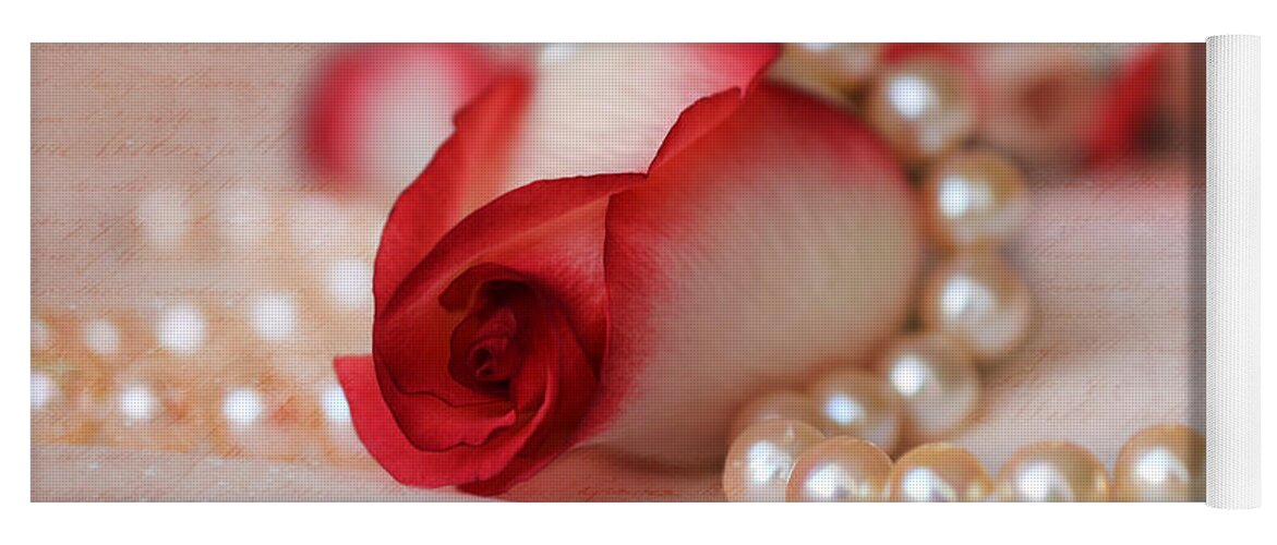 Still Life Yoga Mat featuring the photograph Red and White Rose Bud with Strand of Pearls by Teresa Zieba