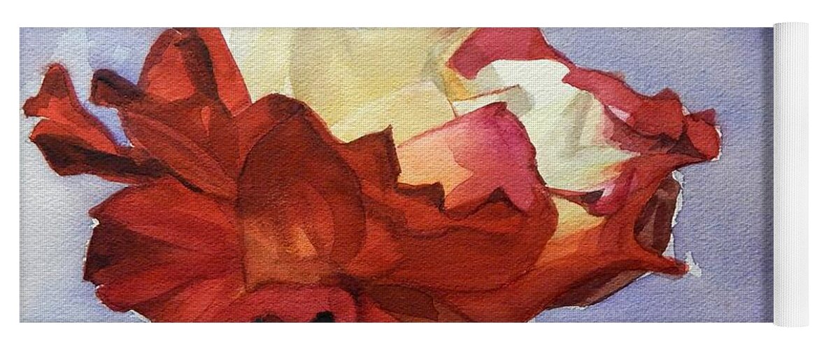 Watercolor Yoga Mat featuring the painting Watercolor of a Red and White Rose on Blue Field by Greta Corens
