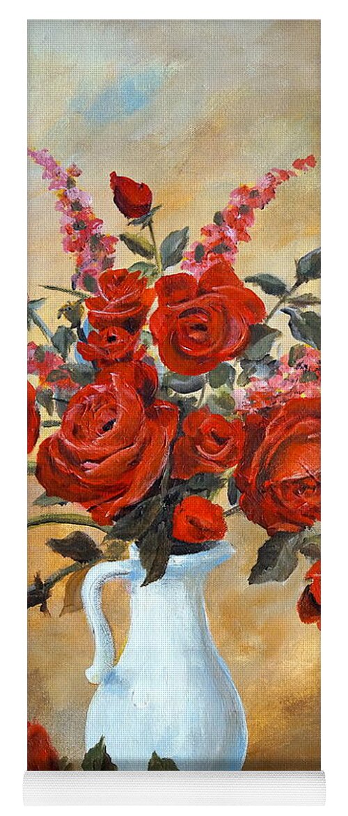 Roses Yoga Mat featuring the painting Red Roses in a White Pitcher by Alan Lakin