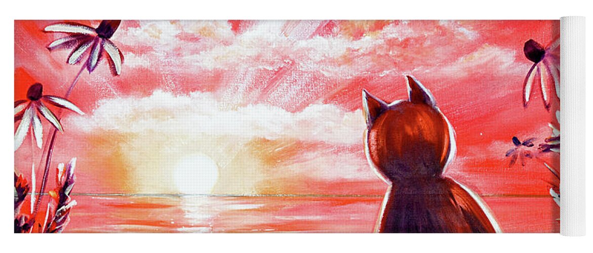 Cat Yoga Mat featuring the painting Red Sunset with a Cat by Gina De Gorna