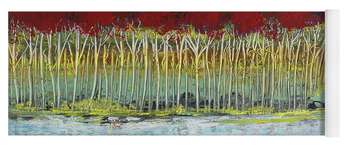 Landscape Yoga Mat featuring the painting Red Trees at water by Sima Amid Wewetzer