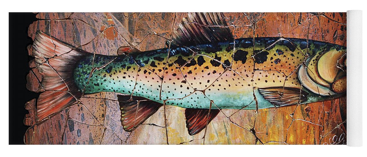Red Trout Fresco Transparent Fresco Yoga Mat featuring the painting Red Trout Fresco Black Background by OLena Art by Lena Owens - Vibrant DESIGN