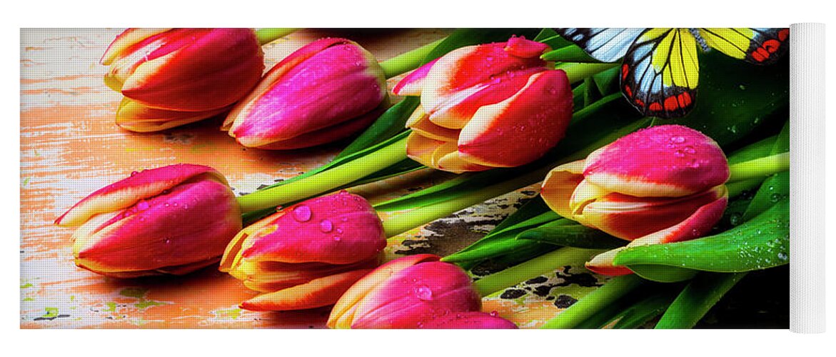 Gorgeous Butterfly Yoga Mat featuring the photograph Red Yellow Tulips With Gorgeous Butterfly by Garry Gay