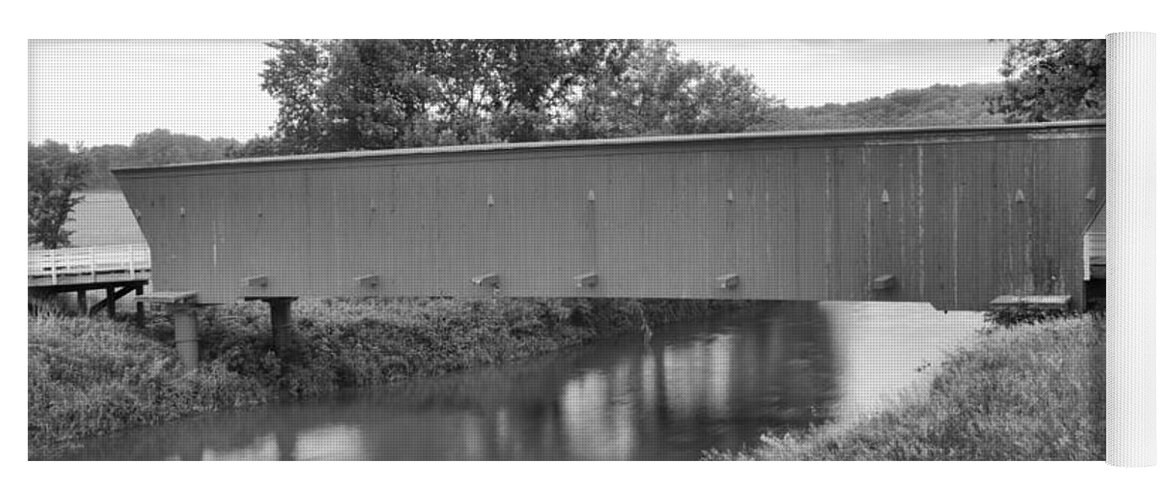 Hogback Covered Bridge Yoga Mat featuring the photograph Reflections In The North River Black And White by Adam Jewell