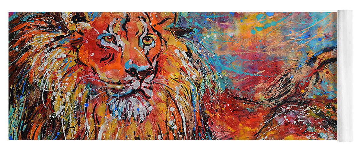 African Wildlife Yoga Mat featuring the painting Regal Lion by Jyotika Shroff