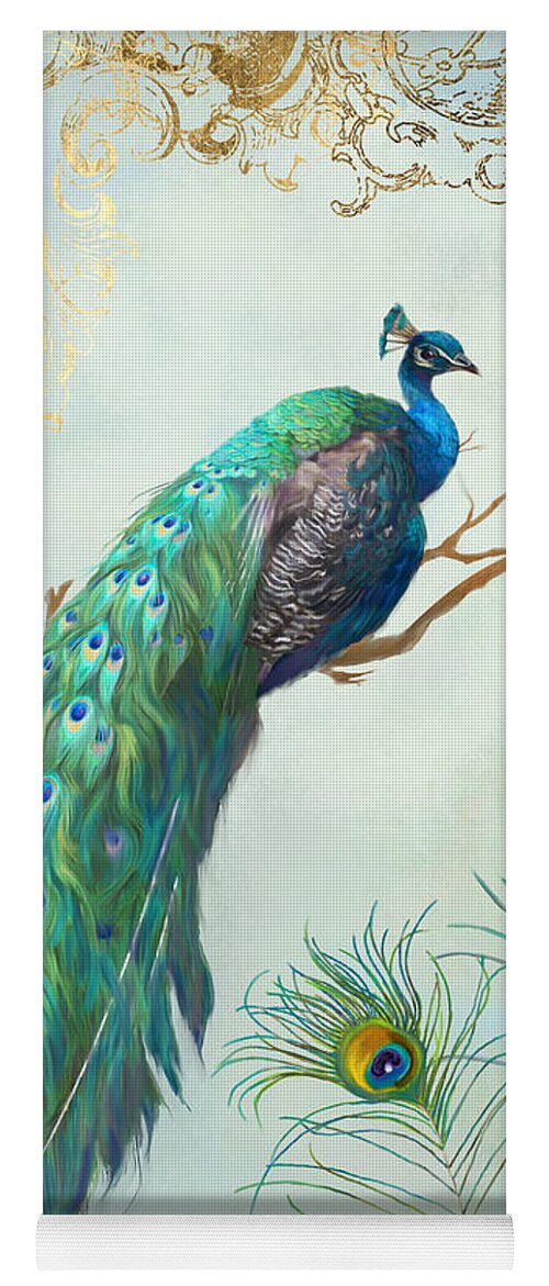 Peacock On Tree Branch Yoga Mat featuring the painting Regal Peacock 1 on Tree Branch w Feathers Gold Leaf by Audrey Jeanne Roberts