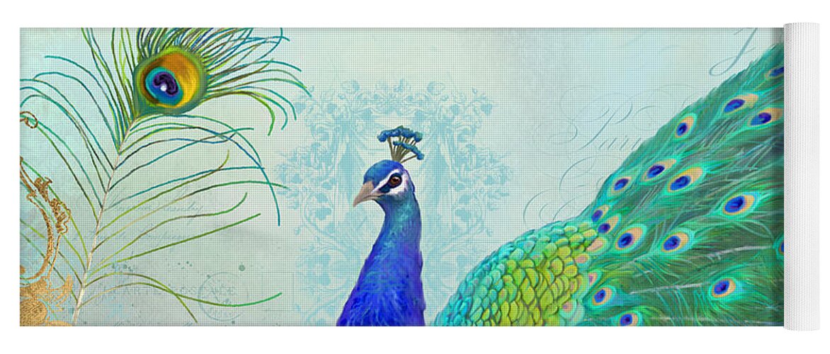 Peacock Yoga Mat featuring the painting Regal Peacock 2 w Feather n Gold Leaf French Style by Audrey Jeanne Roberts