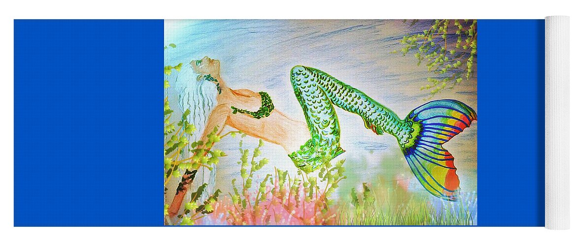 Rainbow Mermaid Art Yoga Mat featuring the mixed media Mermaid Relaxing In The Shallows by Pamela Smale Williams