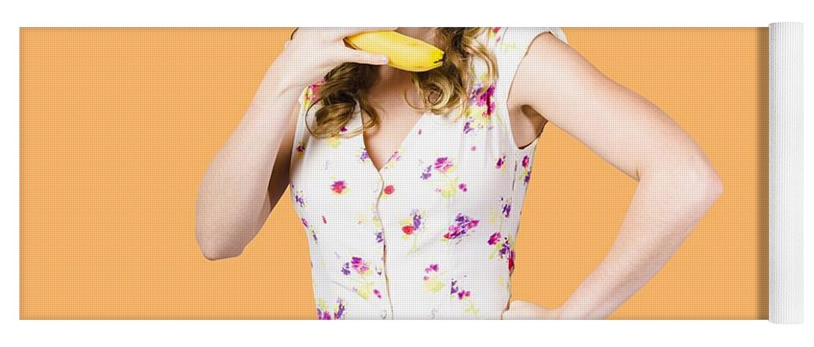 Fruit Yoga Mat featuring the photograph Retro pin up girl chatting on banana telephone by Jorgo Photography