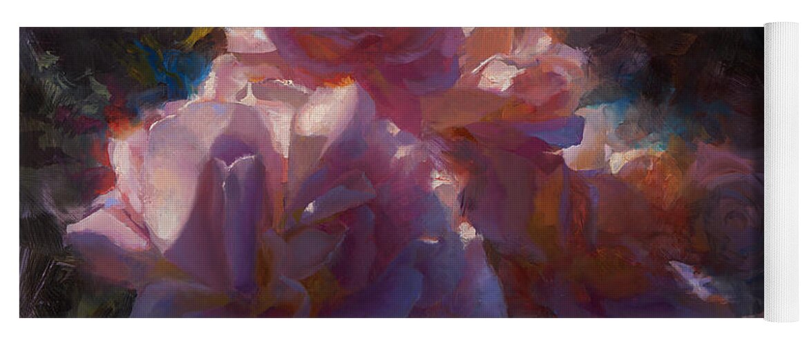 Paintings Of Roses Yoga Mat featuring the painting Rhapsody Roses - Flowers in the Garden Painting by K Whitworth