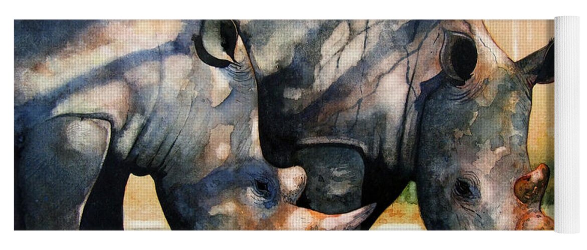 Rhino Yoga Mat featuring the painting Rhinos in dappled shade. by Paul Dene Marlor