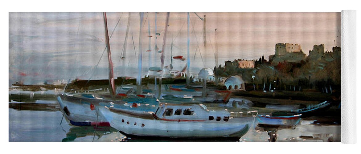 Rhodes Greece Yoga Mat featuring the painting Rhodes Mandraki Harbour by Ylli Haruni