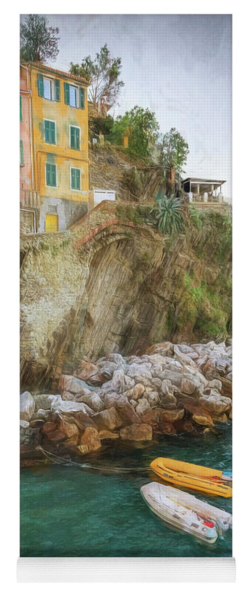 Cinque Terre 5terre Yoga Mat featuring the photograph Riomaggiore Cinque Terre Italy Morning Painterly by Joan Carroll