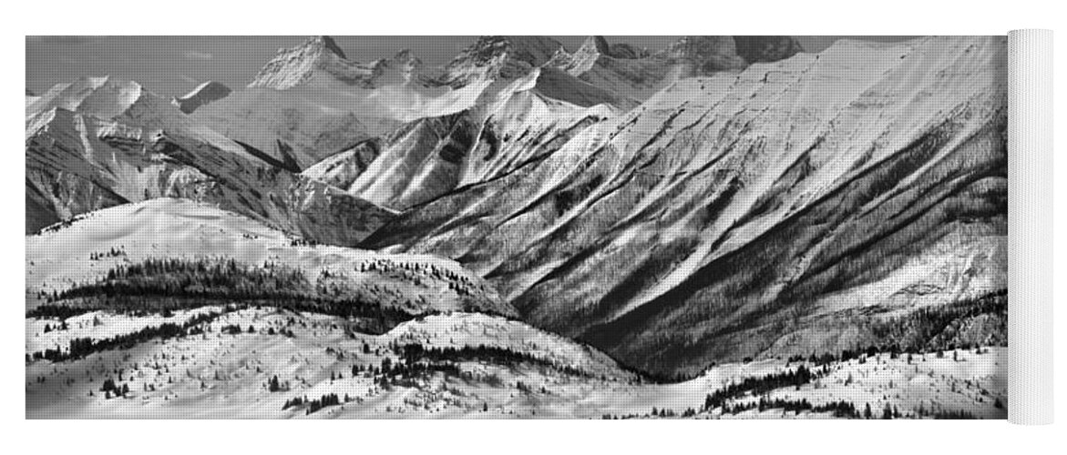 Banff Yoga Mat featuring the photograph Rocky MOuntain Views From The Slopes Of Sunshine Black And White by Adam Jewell