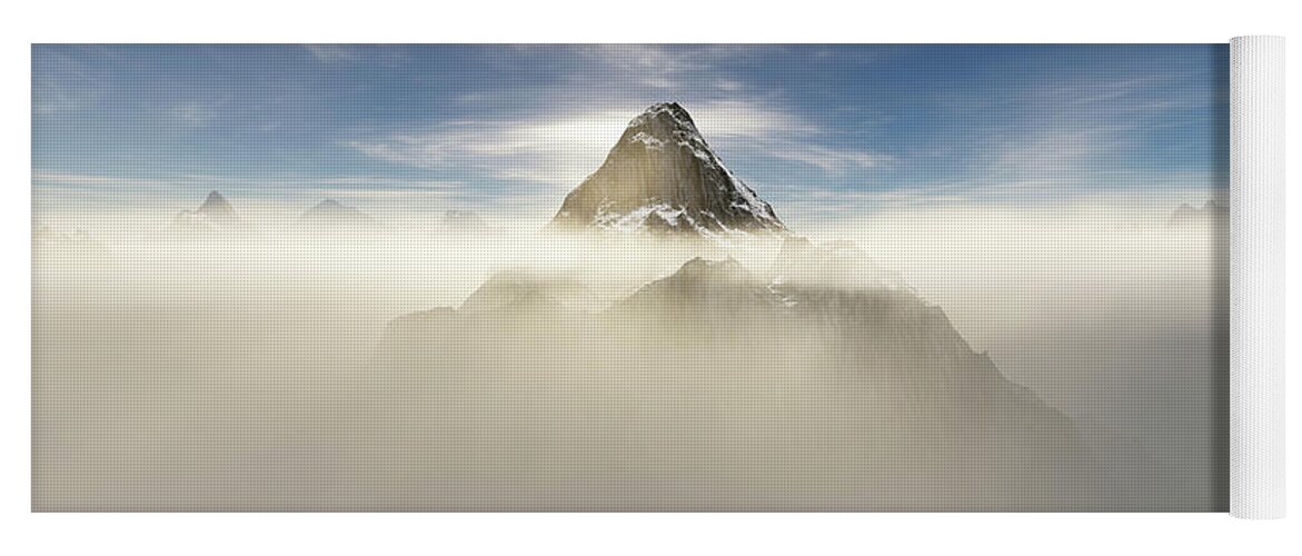 3d Illustration Yoga Mat featuring the digital art Rocky peak in the mist by Erik Tanghe
