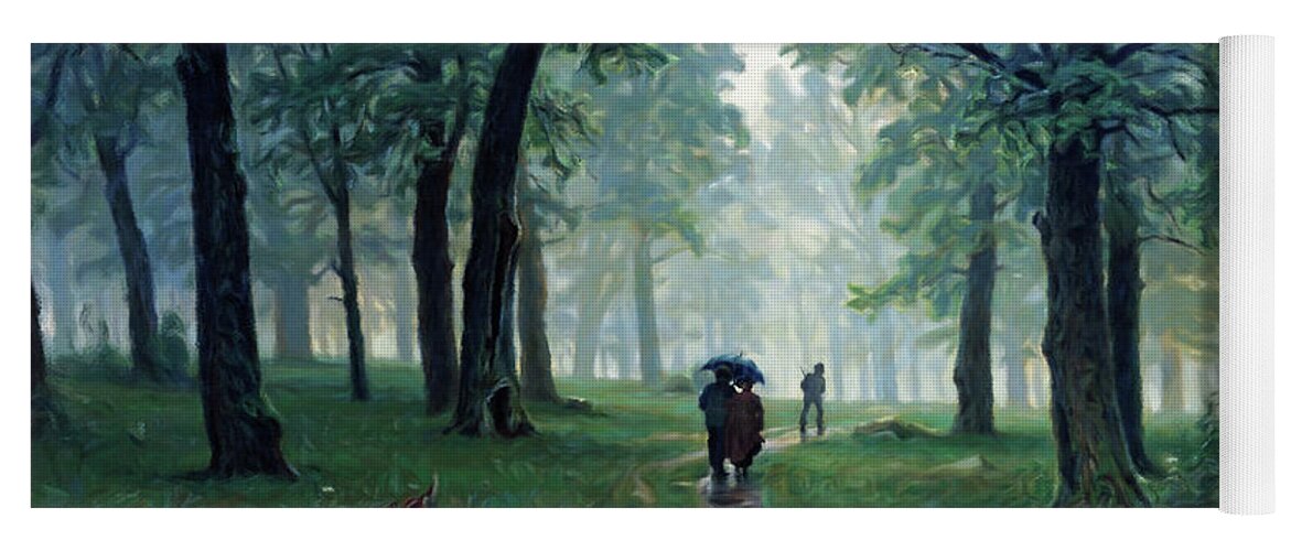 Romantic Forest Walk In The Rain Yoga Mat featuring the painting Romantic Forest Walk In The Rain by Georgiana Romanovna