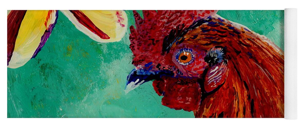 Rooster Art Yoga Mat featuring the painting Rooster and Plumeria by Marionette Taboniar