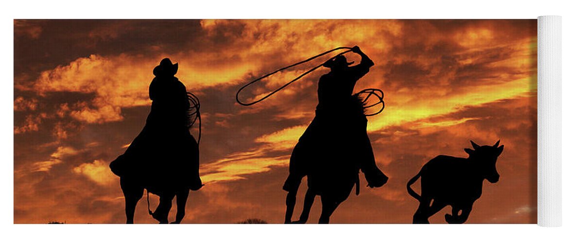 Western Yoga Mat featuring the photograph Roping Cowboys and Fiery Skies by Stephanie Laird