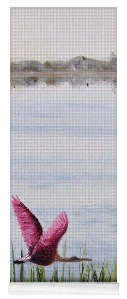 Roseate Spoonbill Yoga Mat featuring the painting Roseate Spoonbill Flight Over the Bay by Jimmie Bartlett