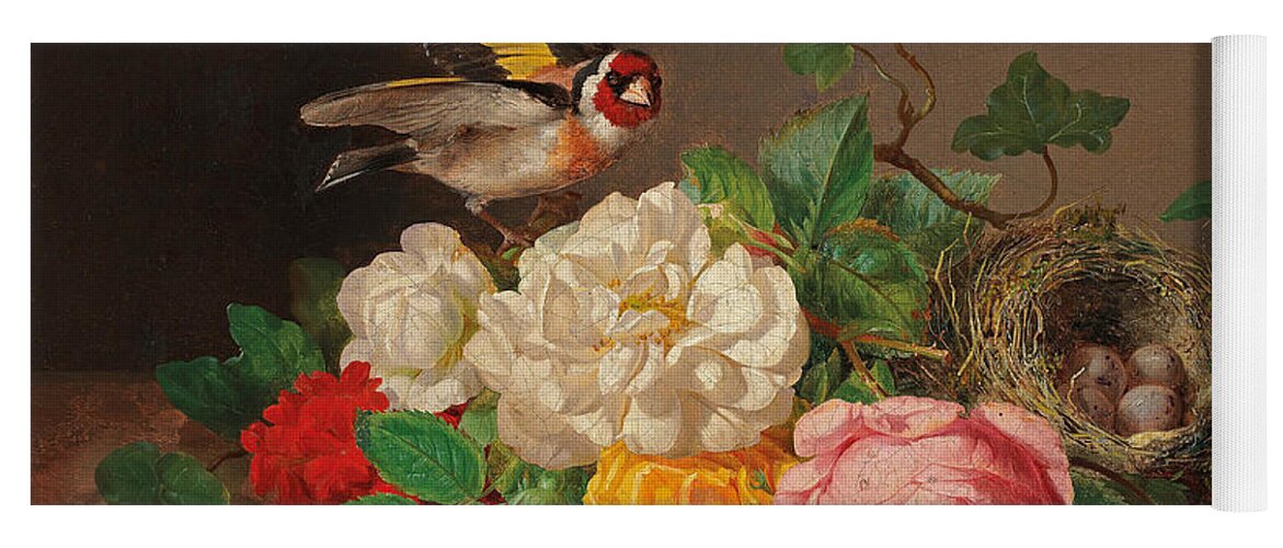 Josef Lauer Yoga Mat featuring the painting Roses with Goldfinch and Bird's Nest by Josef Lauer
