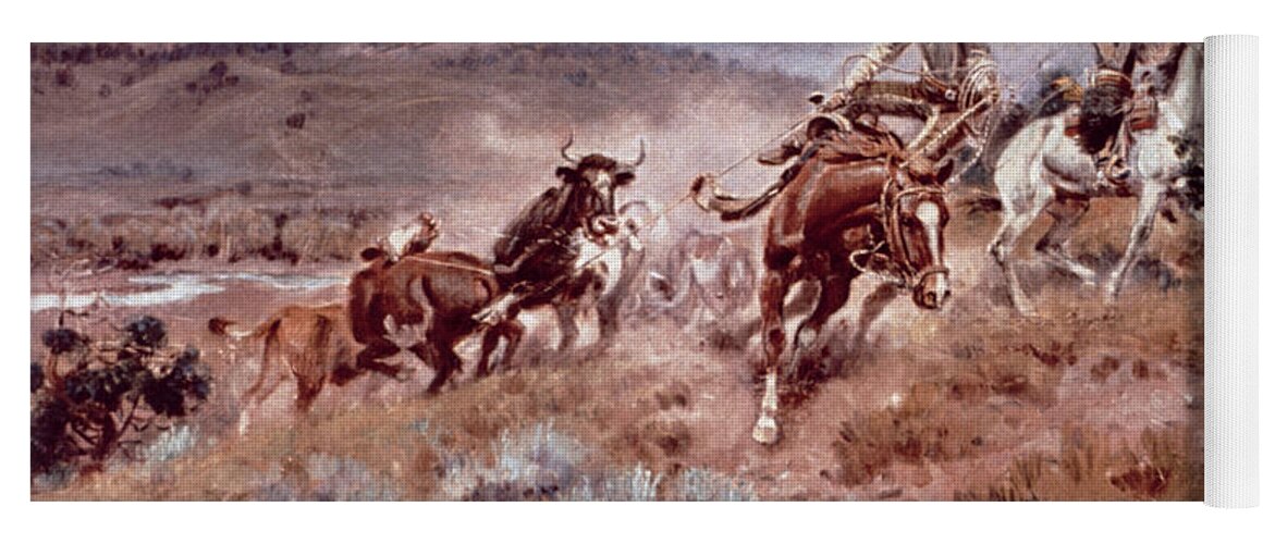 Rancher Yoga Mat featuring the painting Round up on the Musselshell by Charles Marion Russell