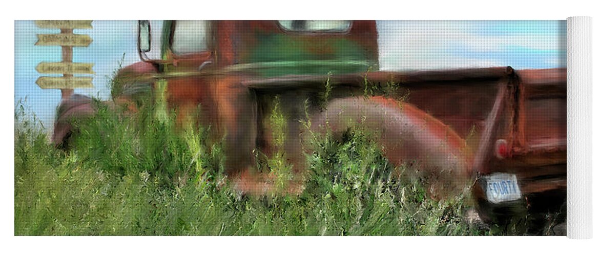 Rusted Out Trucks Yoga Mat featuring the painting Rusted Not Retired by Colleen Taylor