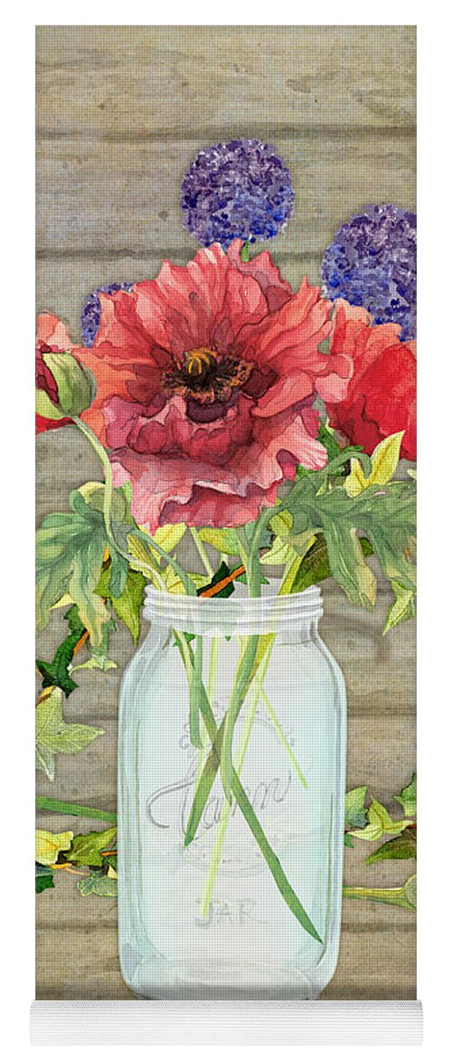 Watercolor Yoga Mat featuring the painting Rustic Country Red Poppy w Alium n Ivy in a Mason Jar Bouquet on Wooden Fence by Audrey Jeanne Roberts