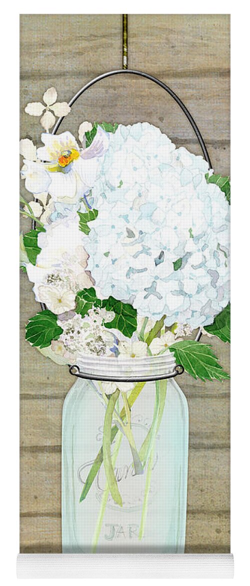 White Hydrangea Yoga Mat featuring the painting Rustic Country White Hydrangea n Matillija Poppy Mason Jar Bouquet on Wooden Fence by Audrey Jeanne Roberts