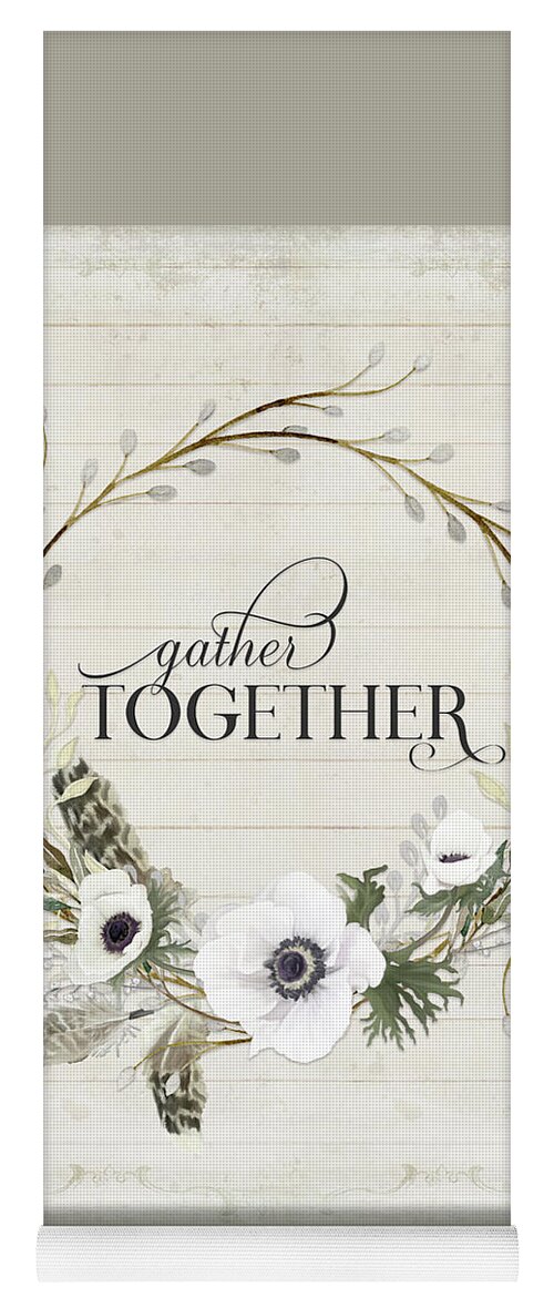 Gather Together Yoga Mat featuring the painting Rustic Farmhouse Gather Together Shiplap Wood Boho Feathers n Anemone Floral 2 by Audrey Jeanne Roberts
