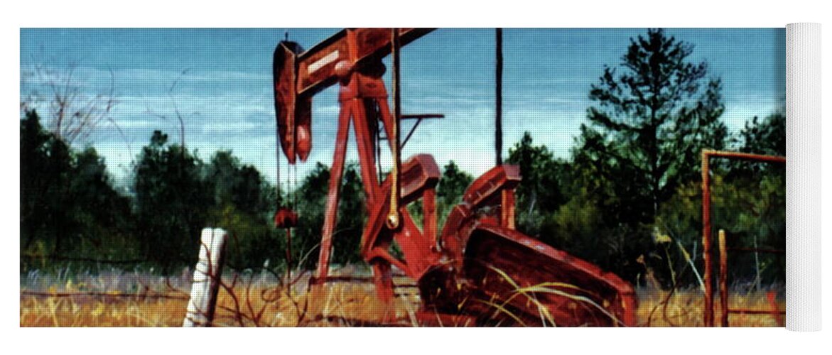 Rusty Yoga Mat featuring the painting Rusty Pump Jack by Randy Welborn