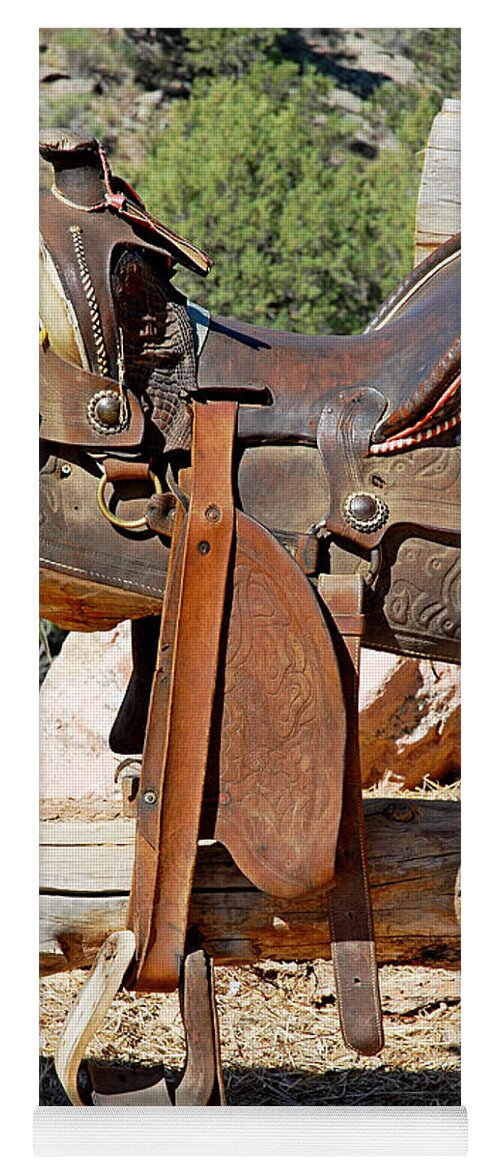 Horse Saddle Yoga Mat featuring the photograph Saddle on Ranch Fence by Robert Meyers-Lussier