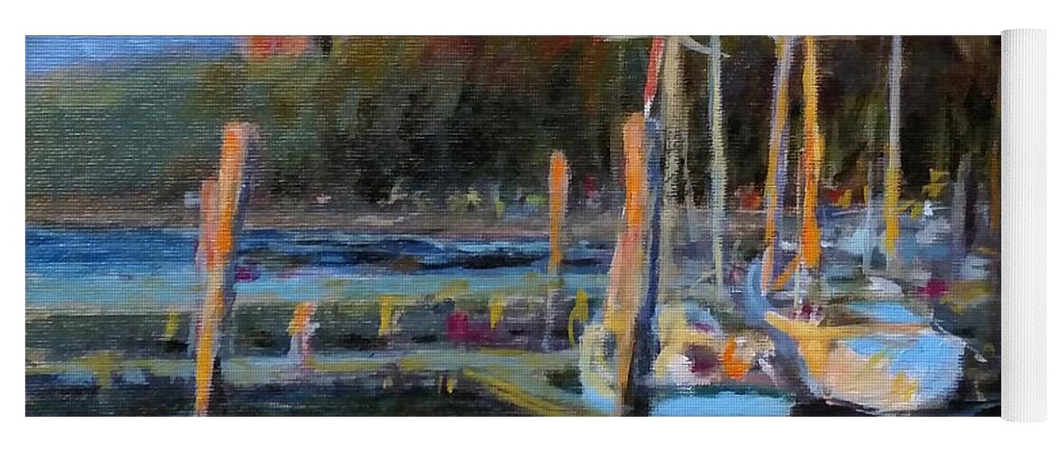 Landscape Yoga Mat featuring the painting Sailboats at Dusk, Hudson River by Peter Salwen