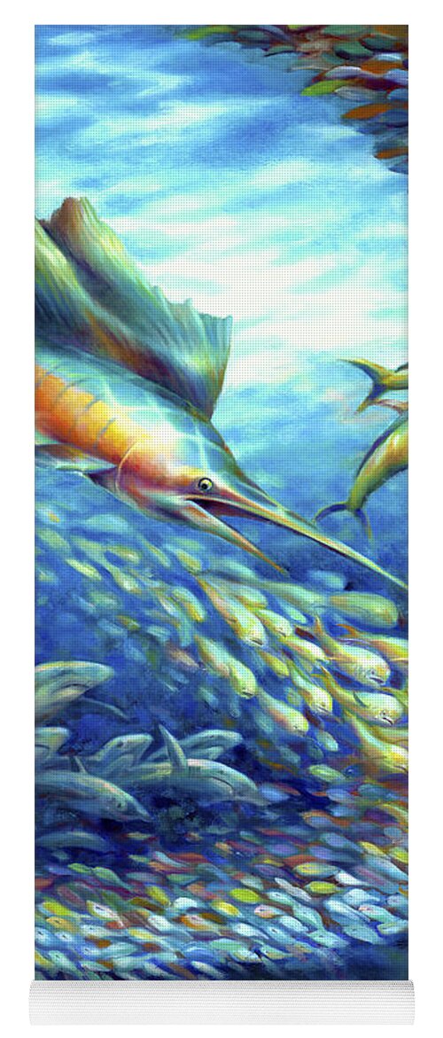 Oil Painting Yoga Mat featuring the painting Sailfish Plunders Baitball II - Sharks and Dolphin Fish by Nancy Tilles