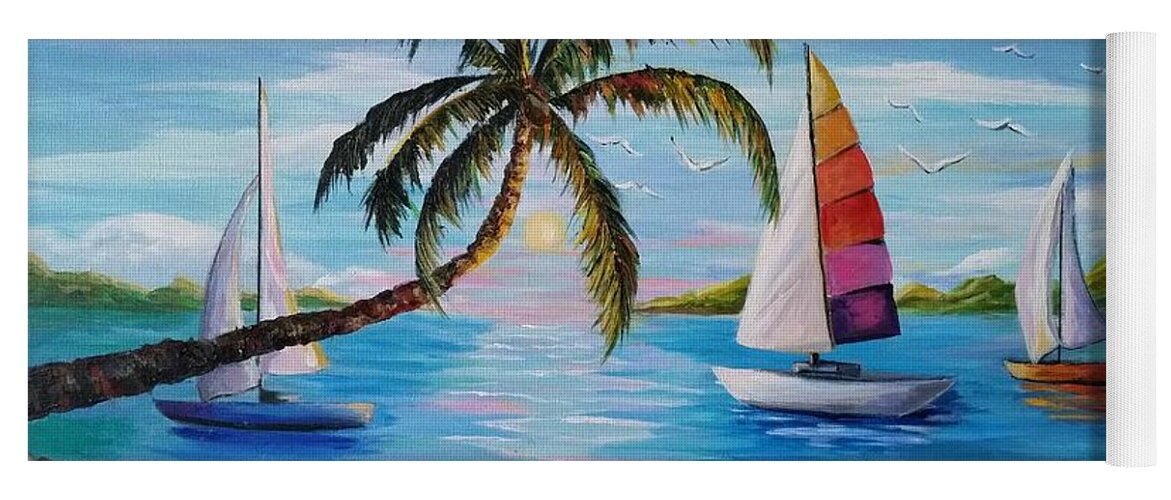 Palm Trees Yoga Mat featuring the painting Sailing at Sunset by Rosie Sherman