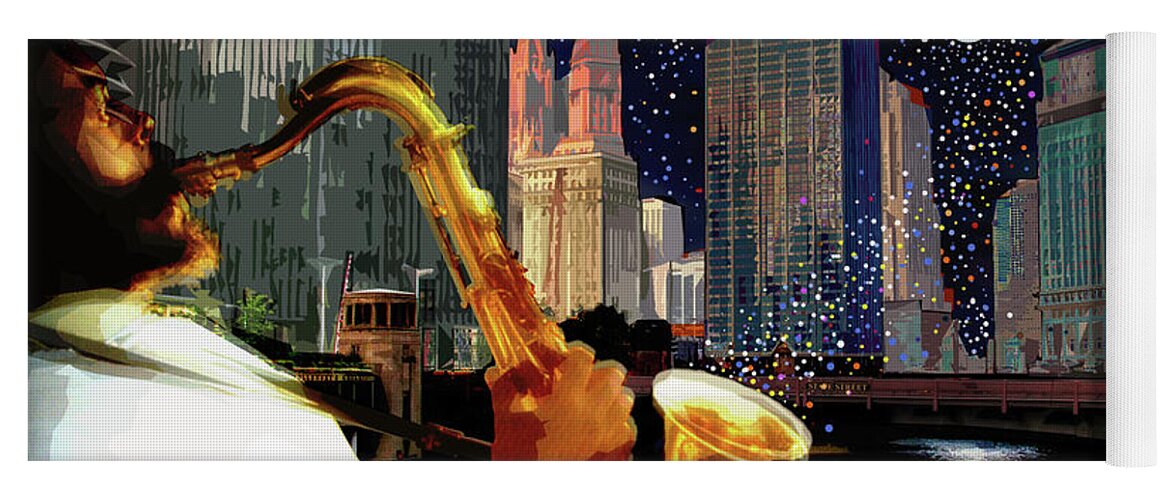 Jazz Yoga Mat featuring the digital art Sax in the City by Joe Roache