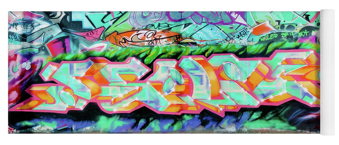 Graffiti Art Yoga Mat featuring the photograph SCAPE, Screaming Creative and Positive Energy, Graffiti Art North 11th Street, San Jose 1990 by Kathy Anselmo