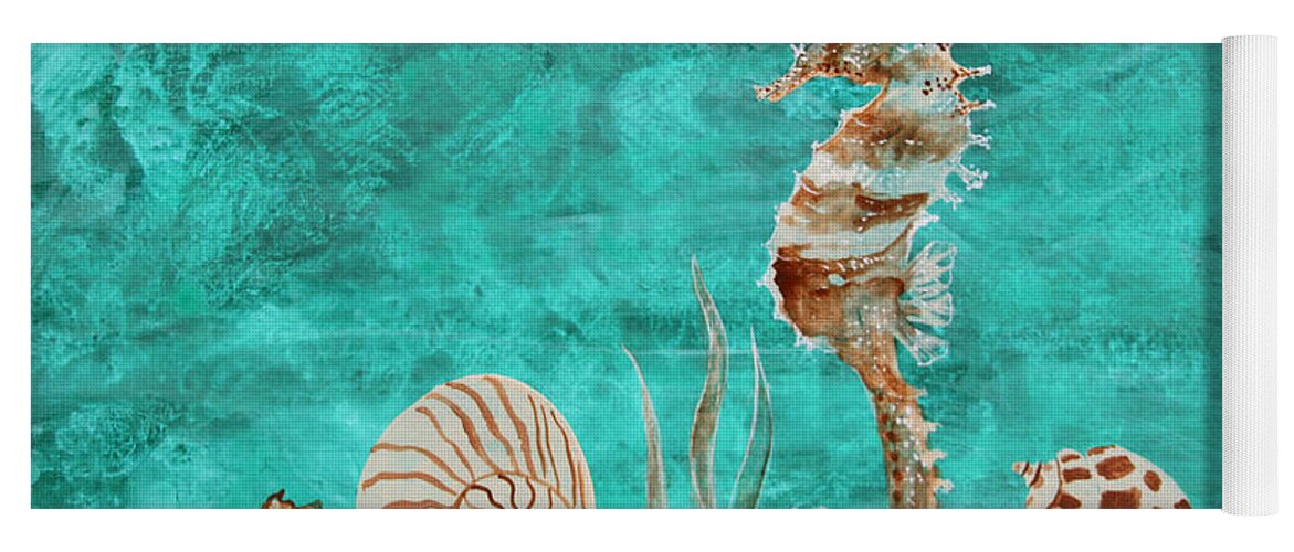 Seahorse Yoga Mat featuring the painting Seahorse and Shells by Robin Pedrero